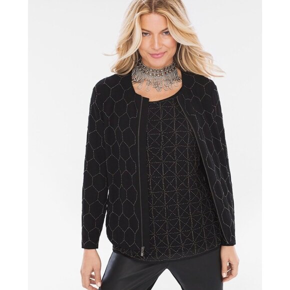 Chicos 2 geometric pattern beaded bomber jacket black size large women's - Picture 1 of 10